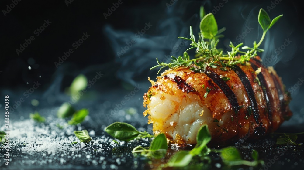 Close-up of a juicy grilled lobster tail with a golden, crispy crust, garnished with herbs.