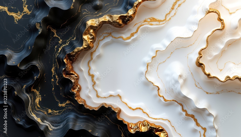 Fototapeta premium Abstract black, white background with gold accents. Complex layers of textured material create depth, visual interest. Intricate design suggests luxurious aesthetic. Unique patterns reminiscent of