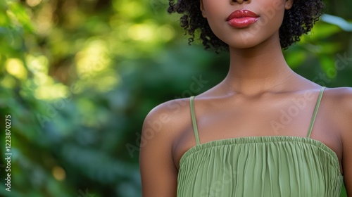 Close-up of a model wearing a green dress with a natural outdoor background.
