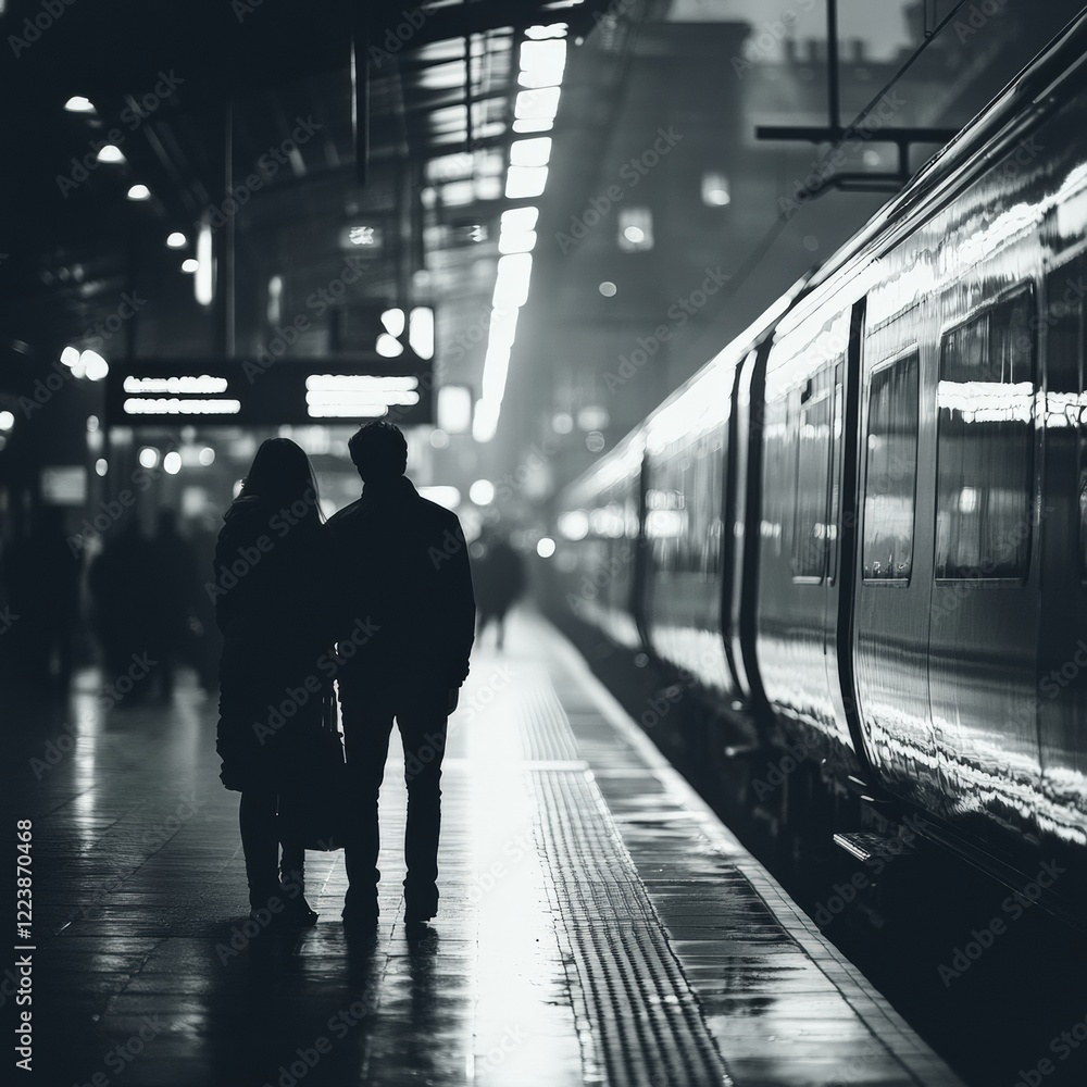 Romantic duo pausing at a busy train station platform during evening rush hour urban setting photography candid moment Romantic duo pausing at a busy train station platform during evening rush hour urban setting photography candid moment