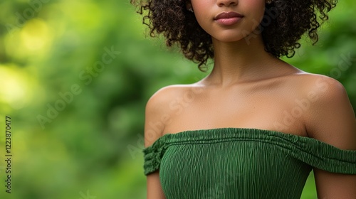 Obraz na płótnie Close-up of a model wearing a green dress with a natural outdoor background.
