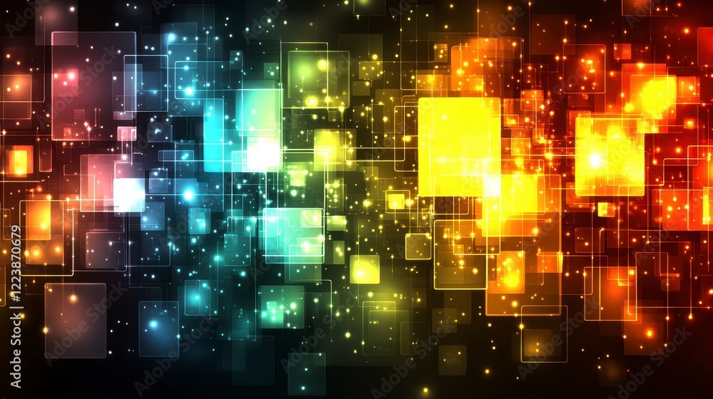 Fototapeta premium Abstract Digital Network Background Glowing Colorful Squares and Lines