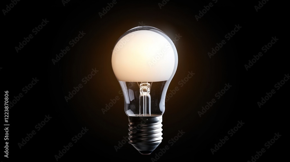 Close-up of a single glowing light bulb with a warm, soft light against a dark background.