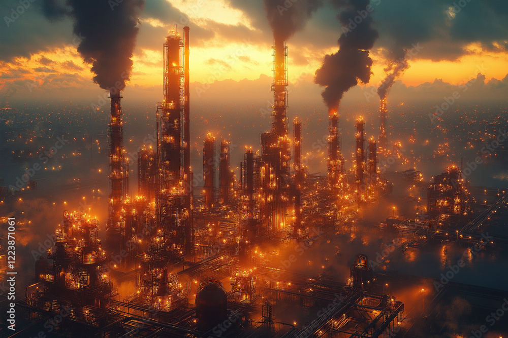 A Towering Industrial Oil Refinery with Giant Storage Tanks and Complex Machinery A Towering Industrial Oil Refinery with Giant Storage Tanks and Complex Machinery