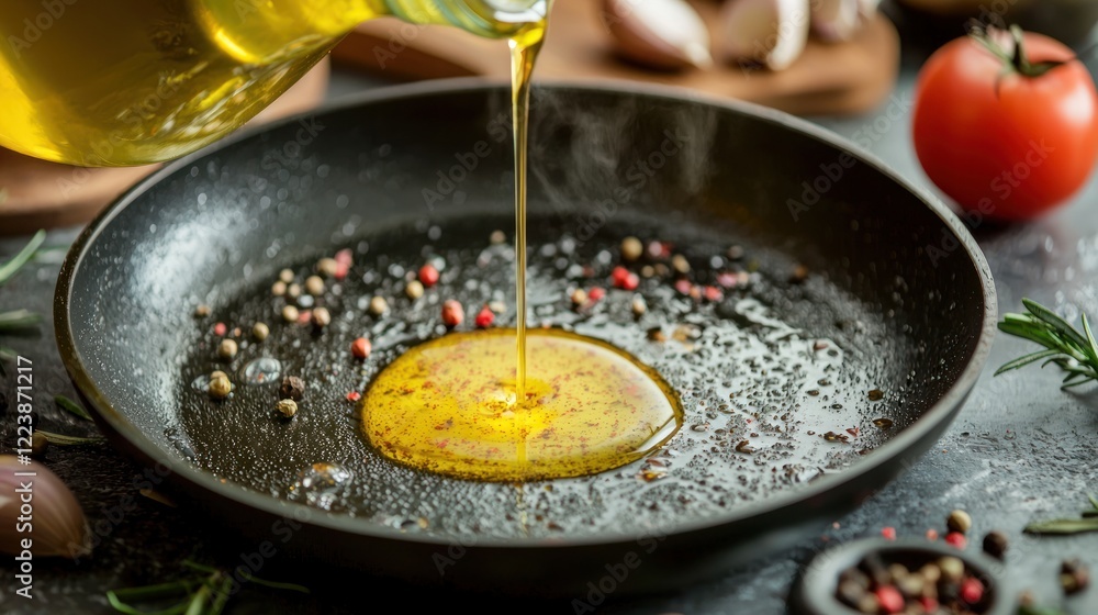 Close-up of ghee being poured into a frying pan, with aromatic spices floating in it