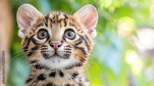 Adorable ocelot kitten looking up, green foliage background, wildlife portrait, perfect for pet websites