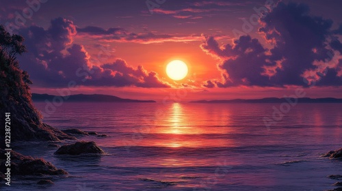 Dramatic sunset over tranquil waters coastal landscape scenic view vibrant colors nature's beauty