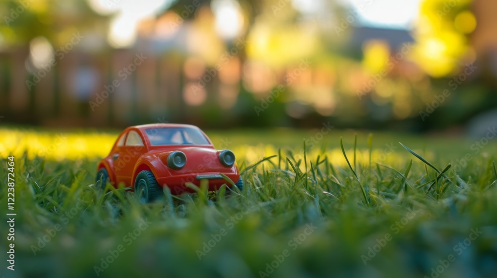 Red toy car in the grass. Outdoor play. Red toy car in the grass. Outdoor play.