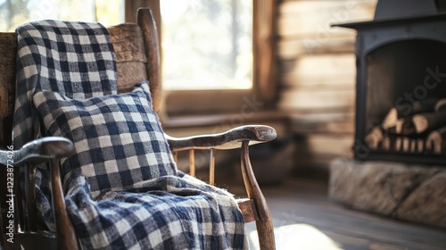 Obraz na płótnie Gingham fabric draped over a rustic wooden chair in a cozy setting w salonie
