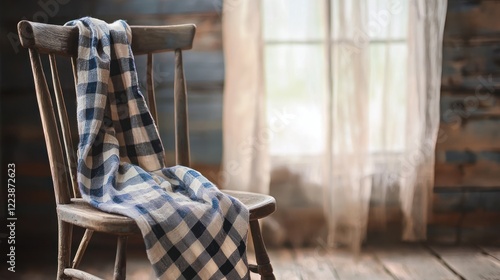 Obraz na płótnie Gingham fabric draped over a rustic wooden chair in a cozy setting w salonie