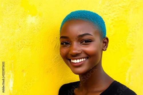 Short haircut - blue hair. Pretty happy black girl - for ads, poster and social networks networks use. Commercial ad campaign pattern. African woman fashion. Black girl elegance. photo