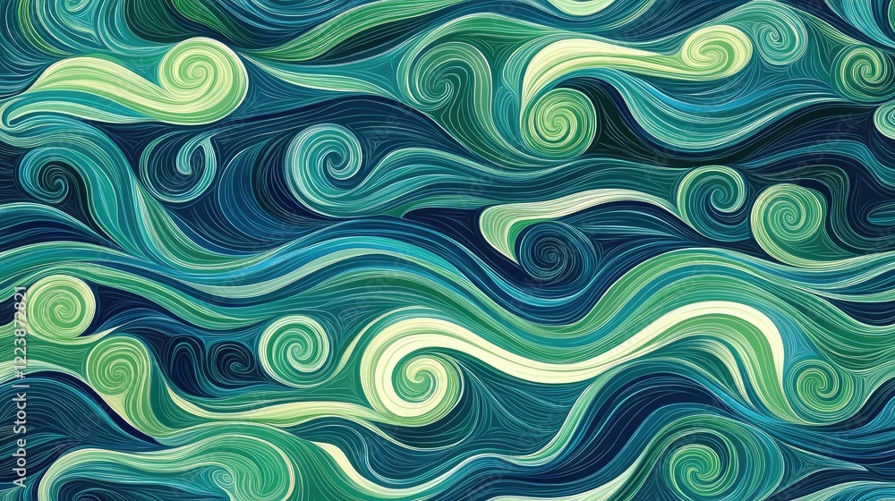 Abstract waves with gradient blues and greens, creating a cool and refreshing pattern reminiscent of flowing water. Abstract waves with gradient blues and greens, creating a cool and refreshing pattern reminiscent of flowing water.
