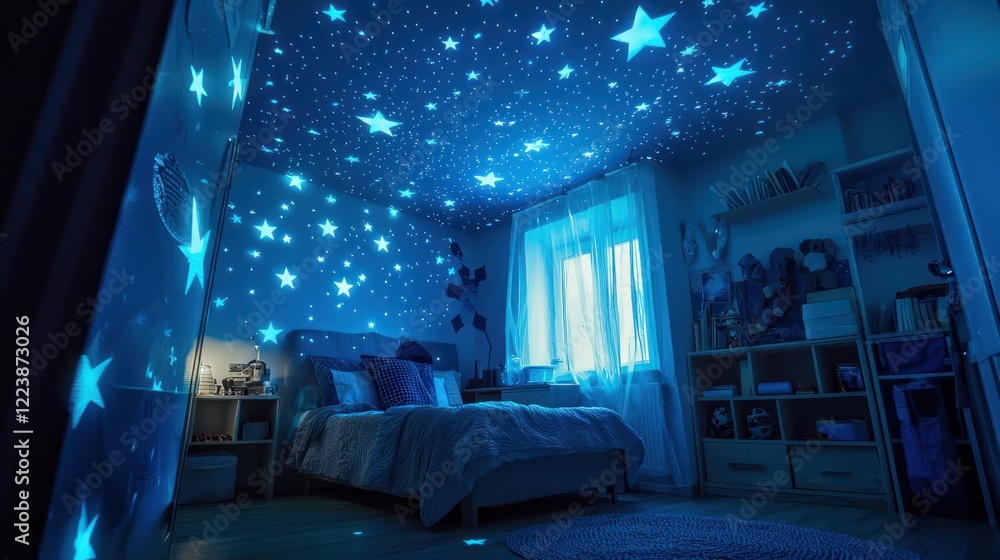 Glow-in-the-dark stars scattered across a bedroom ceiling, creating a peaceful nighttime atmosphere.