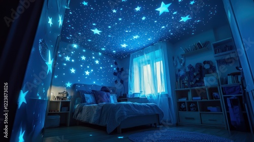 Obraz na płótnie Glow-in-the-dark stars scattered across a bedroom ceiling, creating a peaceful nighttime atmosphere. w salonie