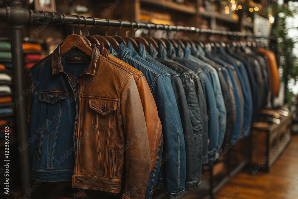A Clothing Rail Displaying Leather Jackets and Rugged Styles, Perfect for Adding Edge and Sophistication to Your Wardrobe A Clothing Rail Displaying Leather Jackets and Rugged Styles, Perfect for Adding Edge and Sophistication to Your Wardrobe