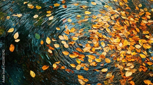 Obraz na płótnie Golden autumn leaves floating gently down from the trees, creating a colorful swirl on the ground. w salonie