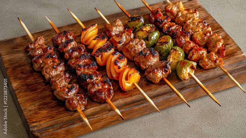 Golden-brown grilled meat skewers served on a wooden platter
