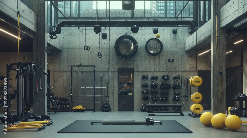 A functional training area with sleds, resistance bands, and battle ropes arranged neatly in an industrial-style gym. A functional training area with sleds, resistance bands, and battle ropes arranged neatly in an industrial-style gym.