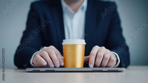 Businessman using tablet, coffee break, office, workday photo