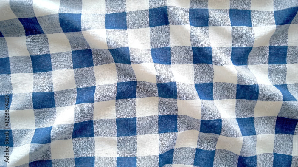 Pattern of blue and white gingham fabric spread out in natural light