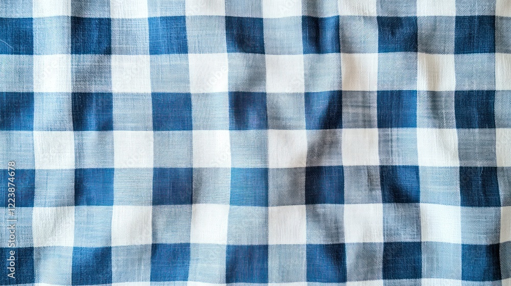 Pattern of blue and white gingham fabric spread out in natural light