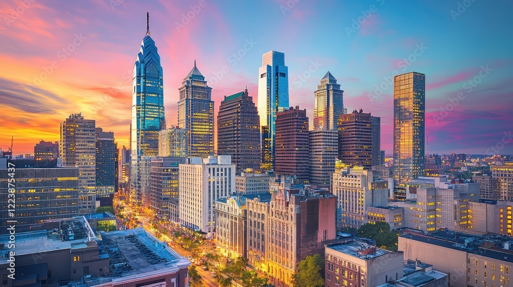 Obraz premium A panoramic urban skyline at twilight, showcasing a mix of historic and modern buildings, all glowing with vibrant lights.