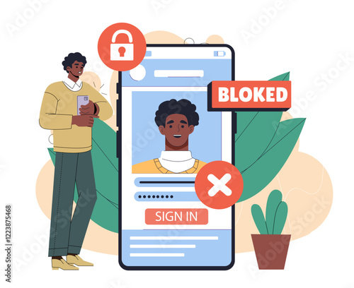 Man holding smartphone with a blocked account login alert on a phone screen, surrounded by leaves and icons, on a light background. User security concept. Vector illustration