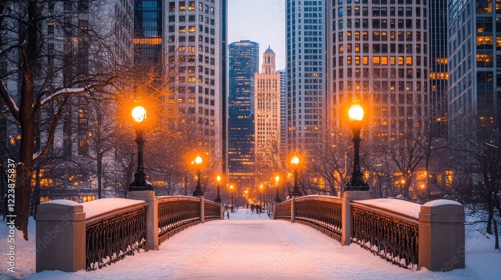 A pedestrian bridge in an urban area with modern design elements, surrounded by towering buildings and lit by warm streetlights at dusk. A pedestrian bridge in an urban area with modern design elements, surrounded by towering buildings and lit by warm streetlights at dusk.