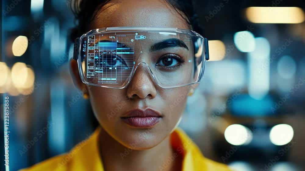 Industrial engineer wearing augmented reality glasses monitoring production line data and performance metrics in a modern factory, leveraging innovative technology for efficiency Industrial engineer wearing augmented reality glasses monitoring production line data and performance metrics in a modern factory, leveraging innovative technology for efficiency