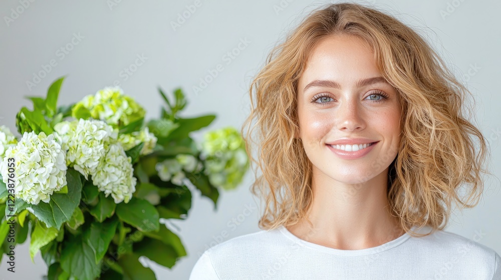 Woman smiling, flowers background, beauty portrait, skincare ad Woman smiling, flowers background, beauty portrait, skincare ad