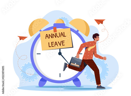 Man rushing with a briefcase near a large alarm clock with Annual Leave note, paper planes and gear icons in the background. Vector illustration