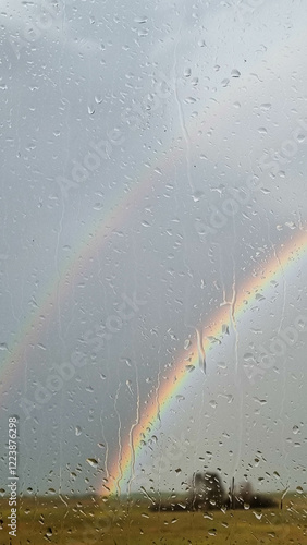 A rainbow outside the window on a sunny rainy day. The weather forecast. Raindrops on surface of window pane and view of landscape, fields, meadows. Grey blue dramatic sky and yellow meadow. Raining.
