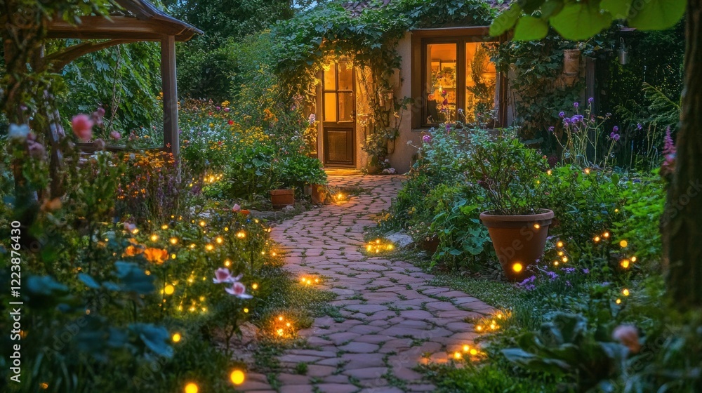 Enchanted Garden Path: A Serene Evening in a Lush, Illuminated Garden Enchanted Garden Path: A Serene Evening in a Lush, Illuminated Garden