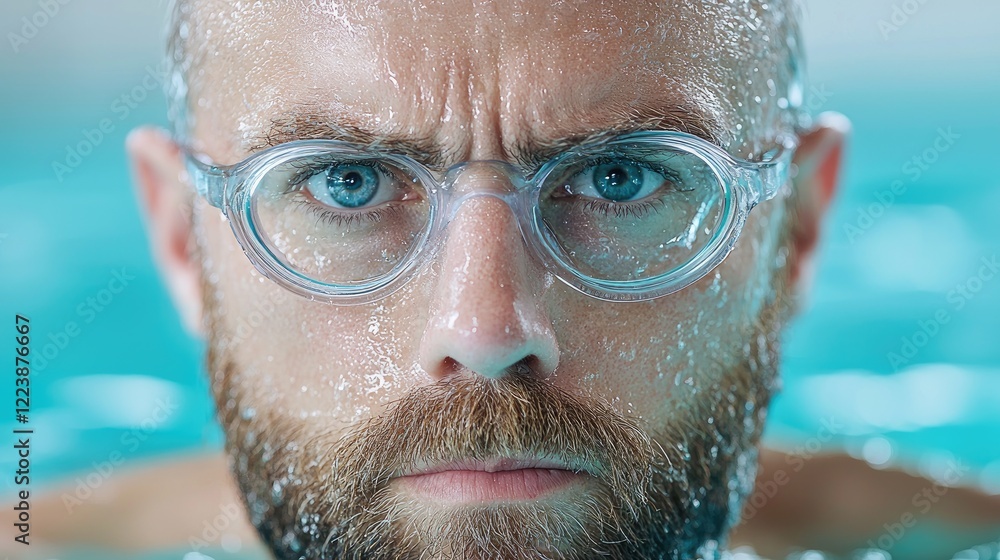 Fototapeta premium Man with glasses in pool, intense gaze, water droplets