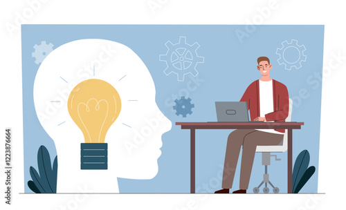 A man working on a laptop at a desk, a head silhouette with a light bulb inside, gears in the background, on a blue background. Concept of innovation. Vector illustration