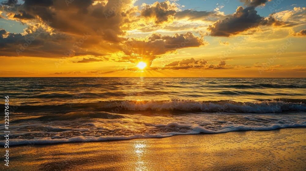 A breathtaking golden sunset reflecting on the calm ocean waves
