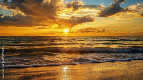 Obraz na płótnie A breathtaking golden sunset reflecting on the calm ocean waves w salonie