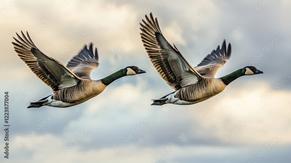 A close-up of geese in flight, wings spread wide against a cloudy sky. A close-up of geese in flight, wings spread wide against a cloudy sky.