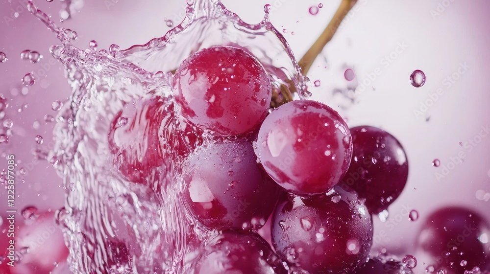 A close-up of grape juice splashing in slow motion, with droplets frozen in the air