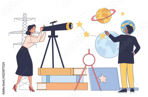 Two individuals studying astronomy with a telescope, planetary models, and stars. Flat cartoon style on a white background. Concept of space education. Flat line art vector illustration.