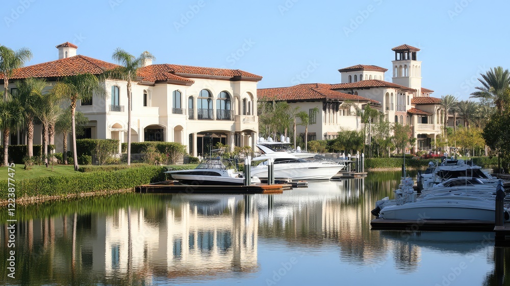 A scenic waterfront architectural view of a marina with contemporary buildings and reflections on the water. A scenic waterfront architectural view of a marina with contemporary buildings and reflections on the water.