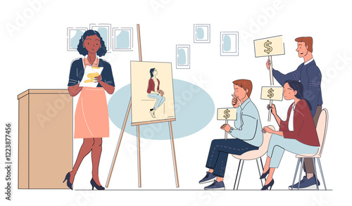 An art auction scene with a presenter, a painting on an easel, and bidders holding dollar signs, depicted in a modern design style. Vector illustration