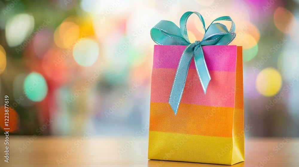 A colorful gift bag with a ribbon, sitting on a table ready for giving