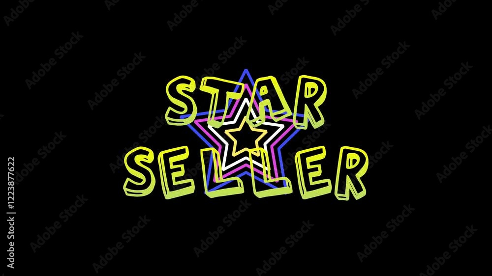 Animation of text that reads STAR SELLER with an enlarging and shrinking effect and background Animation of a colorful circle star logo with a blinking effect Animation of text that reads STAR SELLER with an enlarging and shrinking effect and background Animation of a colorful circle star logo with a blinking effect