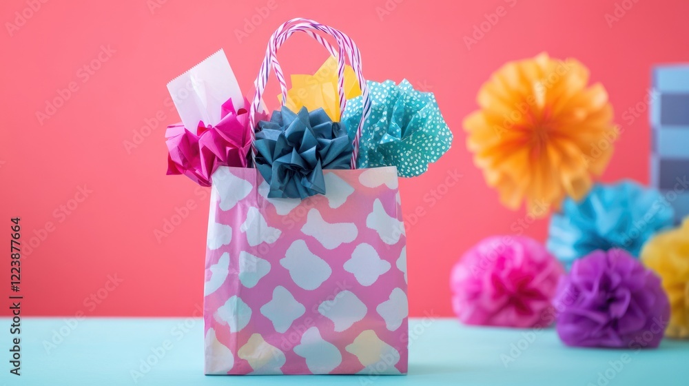 A cheerful gift bag filled with a birthday present and decorative tissue paper