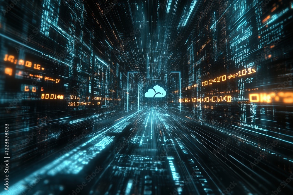Cloud computing symbol at the end of a digital tunnel with flowing data streams and binary code, representing data transfer, network connectivity, and the future of information technology. Cloud computing symbol at the end of a digital tunnel with flowing data streams and binary code, representing data transfer, network connectivity, and the future of information technology.