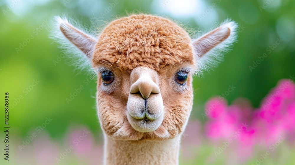 Obraz premium Fluffy alpaca close-up, green field, pink flowers, farm animal portrait