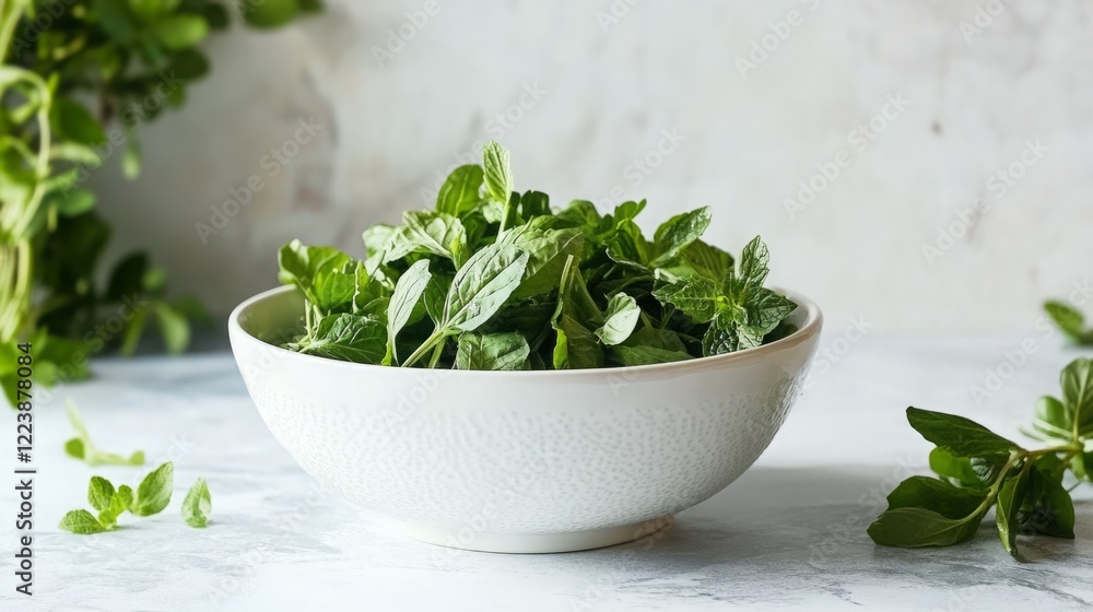 Fresh herbs in a white bowl.  A healthy and vibrant image.