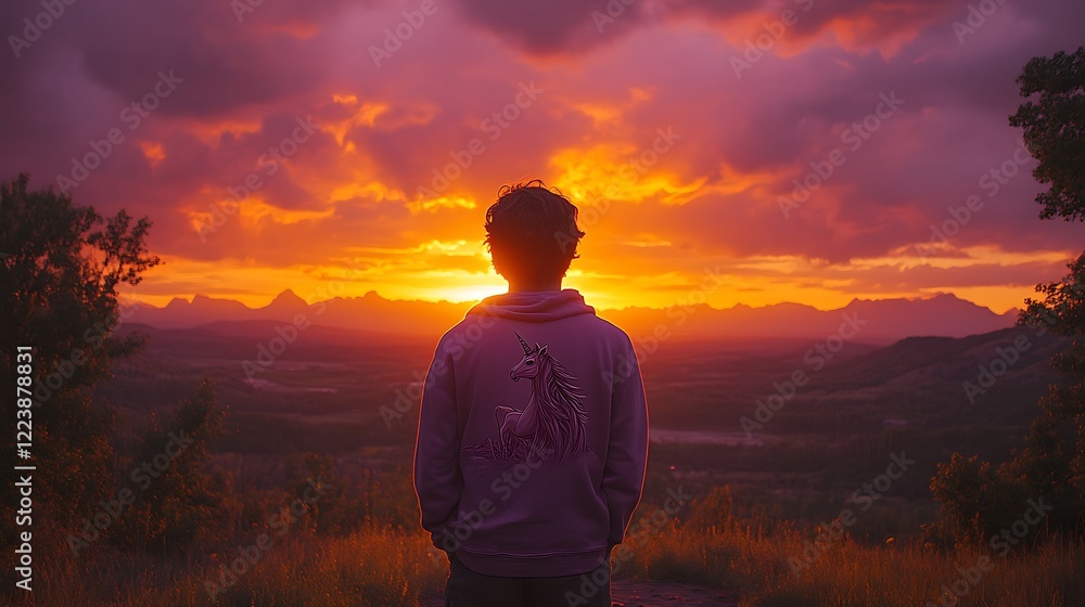 Boy watching sunset over mountains. Boy watching sunset over mountains.