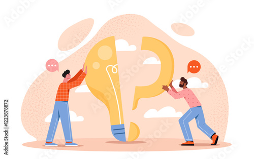 Two people assembling a light bulb and question mark against a textured background with speech bubbles, symbolizing problem-solving and teamwork. Flat cartoon vector illustration